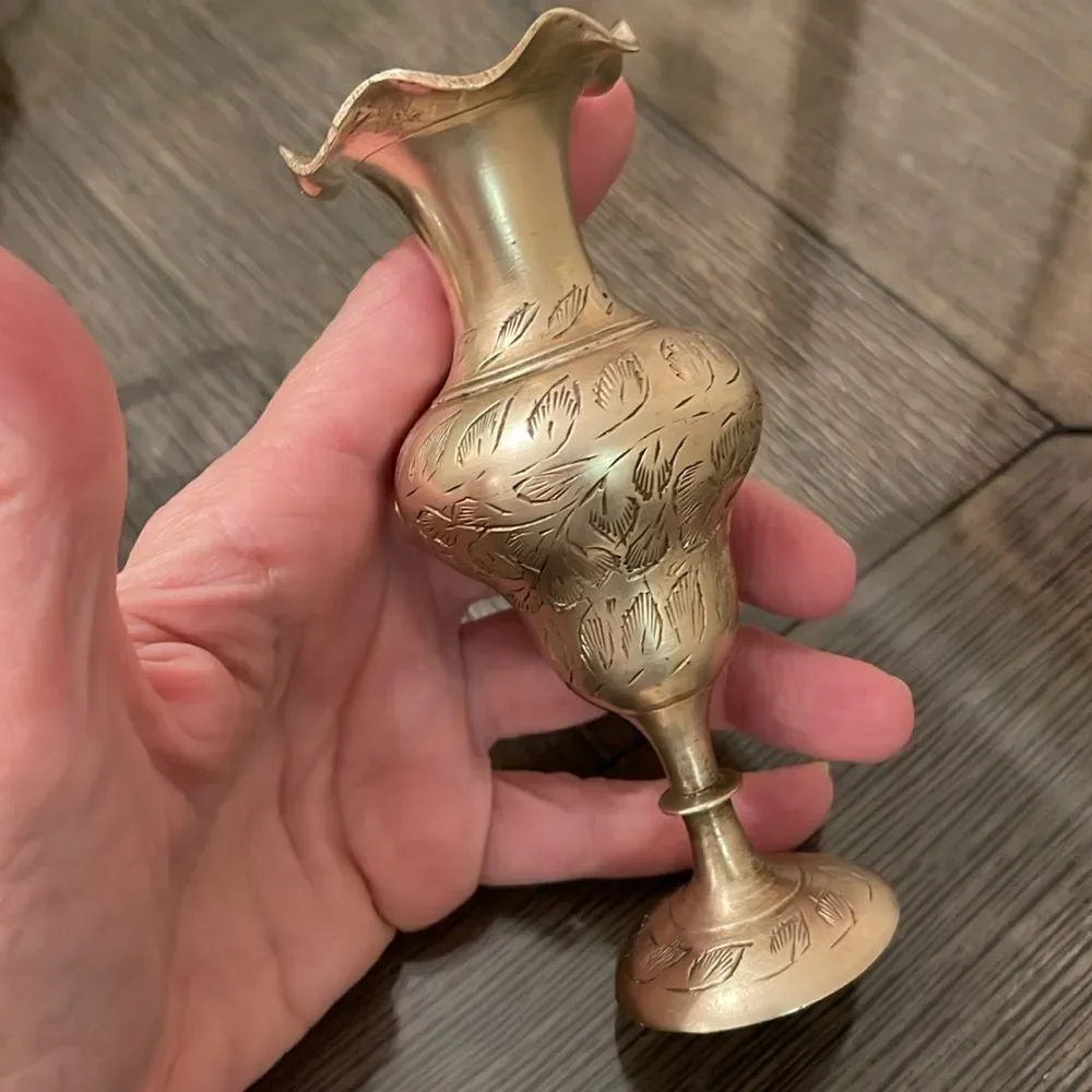 Selling a Vignette of Three Brass Pieces, Vase, Bowl, Tiny Pitcher